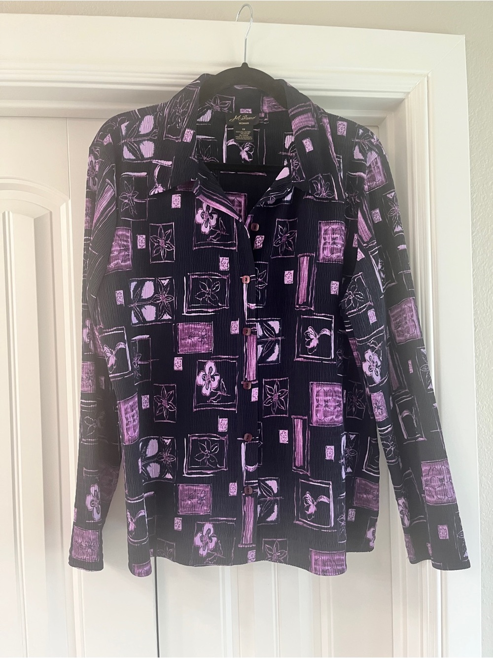 Vintage Navy and Lavender Geometric Floral Button-Up Blouse
